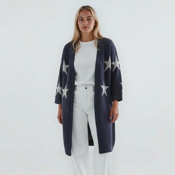 She + Sky Long Oversized Chunky Knit Star Print Cardigan in Navy and White - Picture 1 of 3